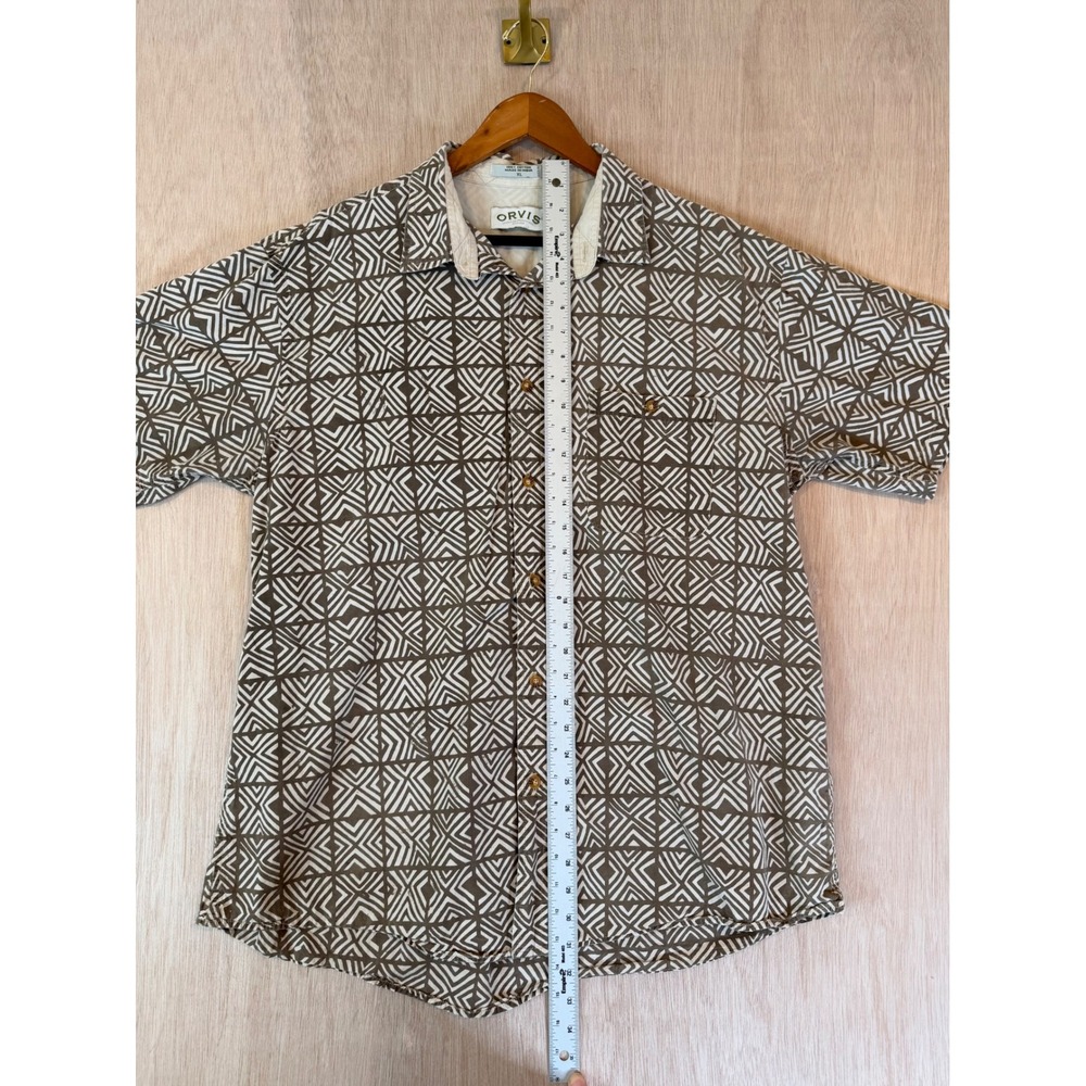 Orvis Mens XL Button Down Shirt Beige Geometric Pattern 100% Cotton Short Sleeve